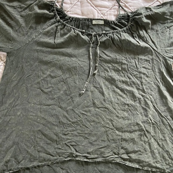 FICKLE Ash Grey Long Bell Sleeve Shoulder Cutout Top Tie Neck Blouse Women S - Picture 3 of 7